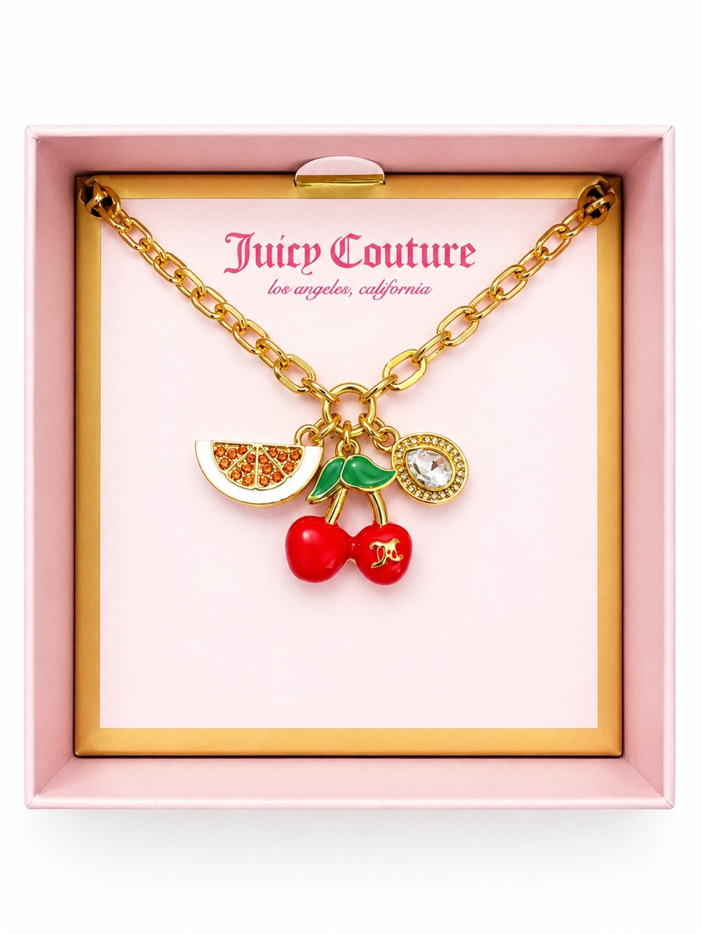 Juicy Couture Gold-Tone Cherry & Rhinestone Fruit Charm Necklace